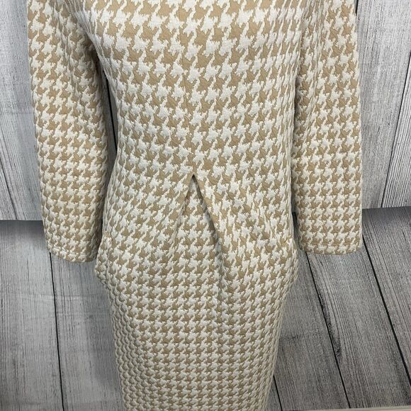 Tyler Boe Women's Small Tan & White Houndstooth Cowl Neck Classic Mini Dress - Picture 4 of 12